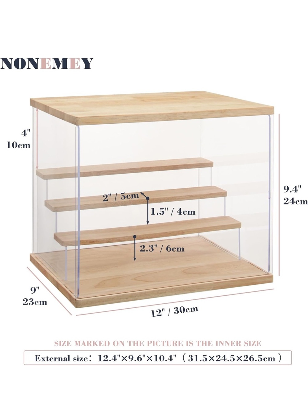 Glass and Wood Display Case with LED Light - Natural Wood